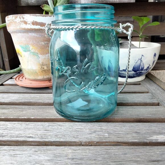 Teal Blue Glass Lantern or Flower Vase - Picture 2 of 8